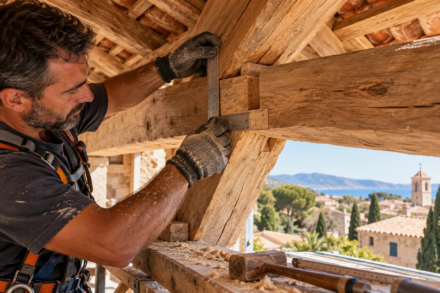 Détail illustrant la prestation charpente dans une maison du Sud