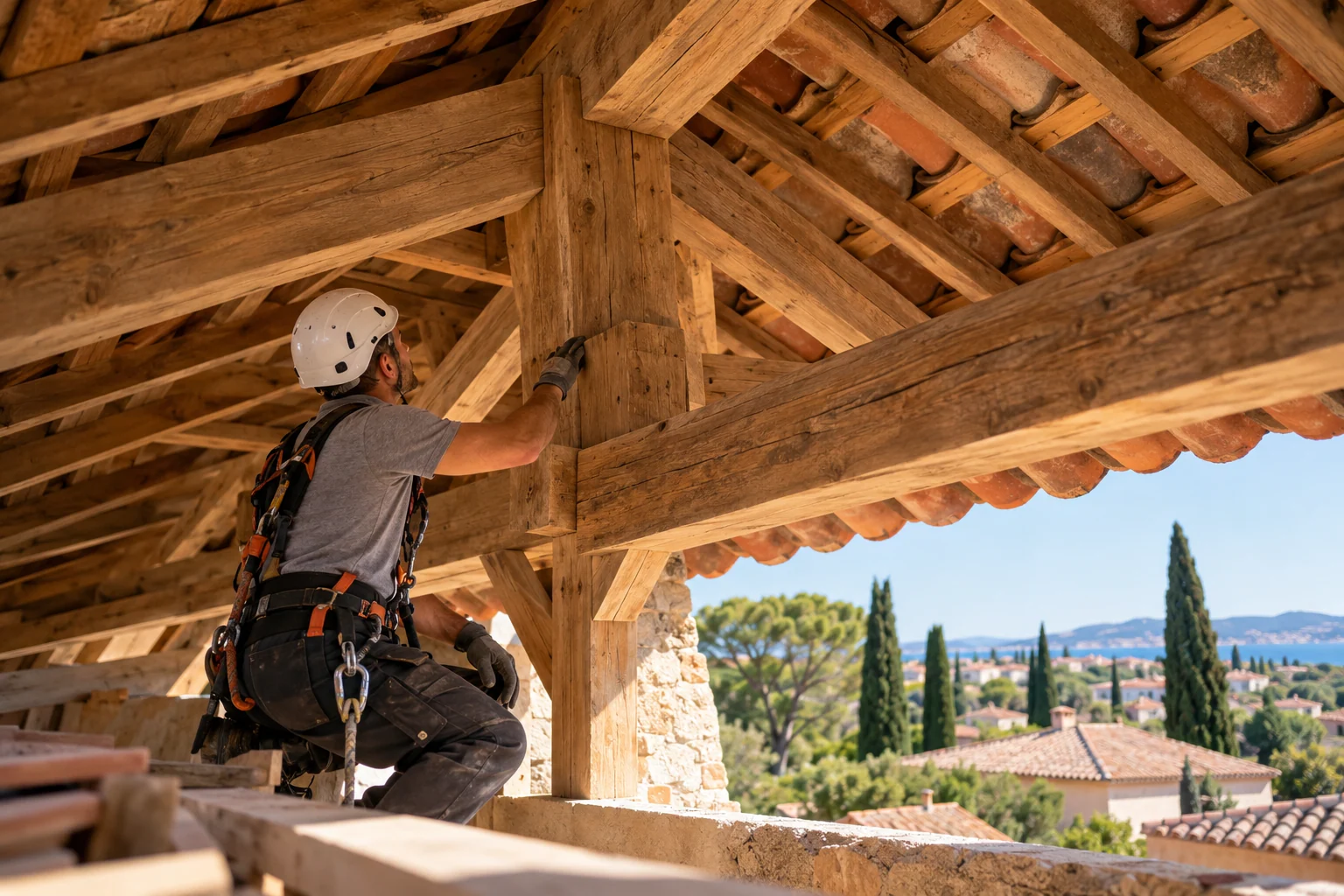 Illustration d’une charpente en bois et d’un artisan au travail dans une maison du Sud