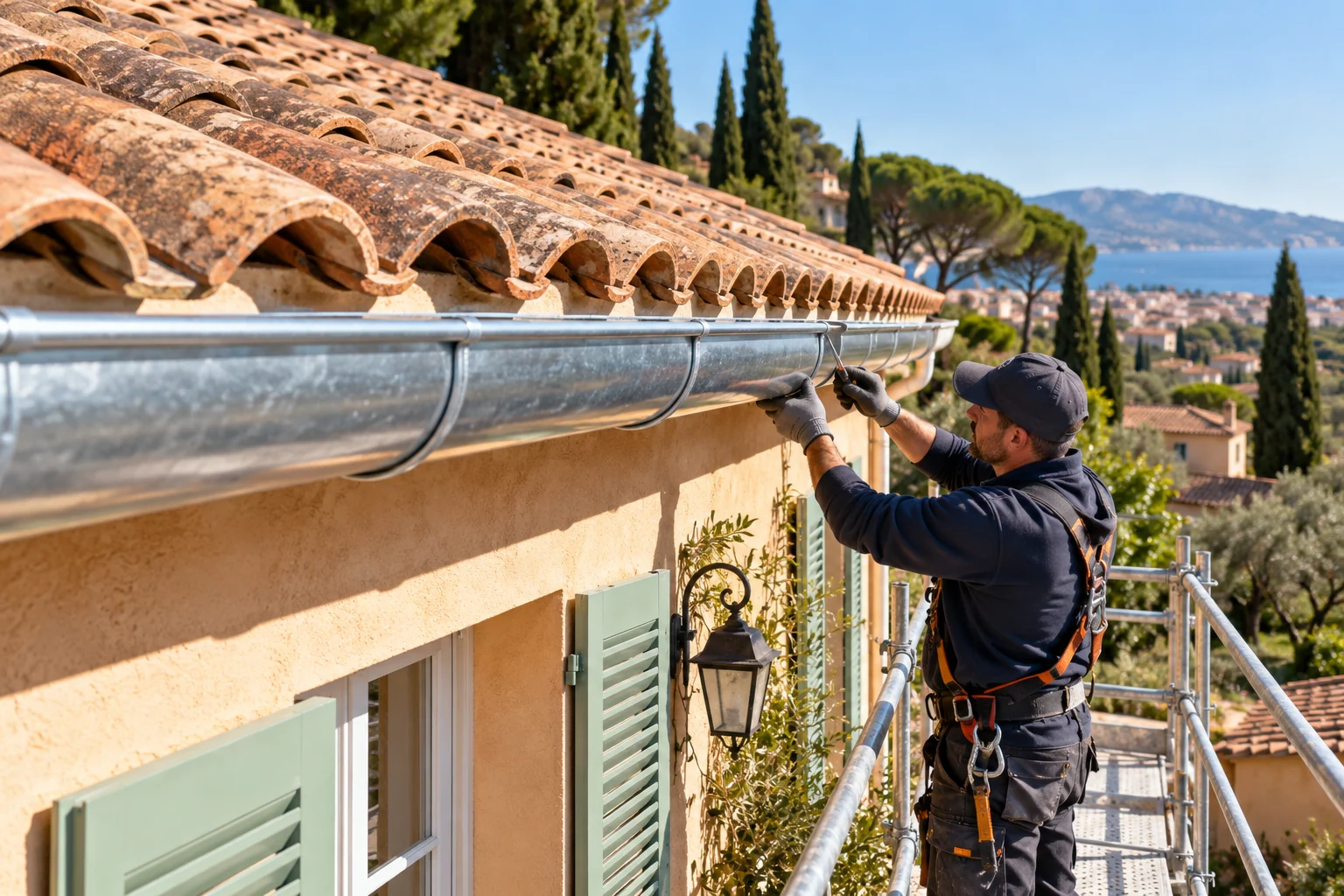 Couvreur ajustant une gouttière sous une toiture en tuiles dans le Sud