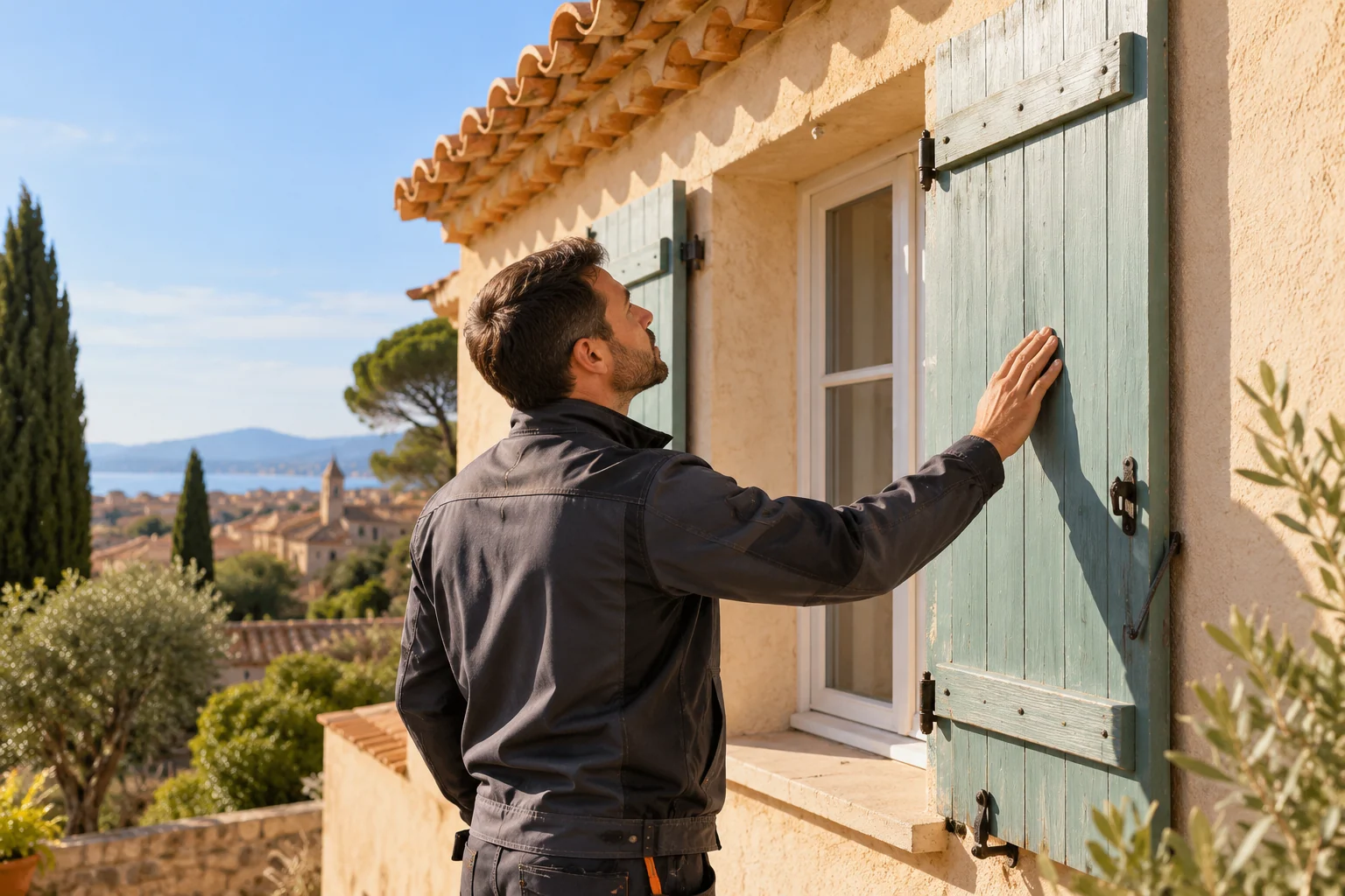 Artisan examinant un volet en bois sur une maison provençale