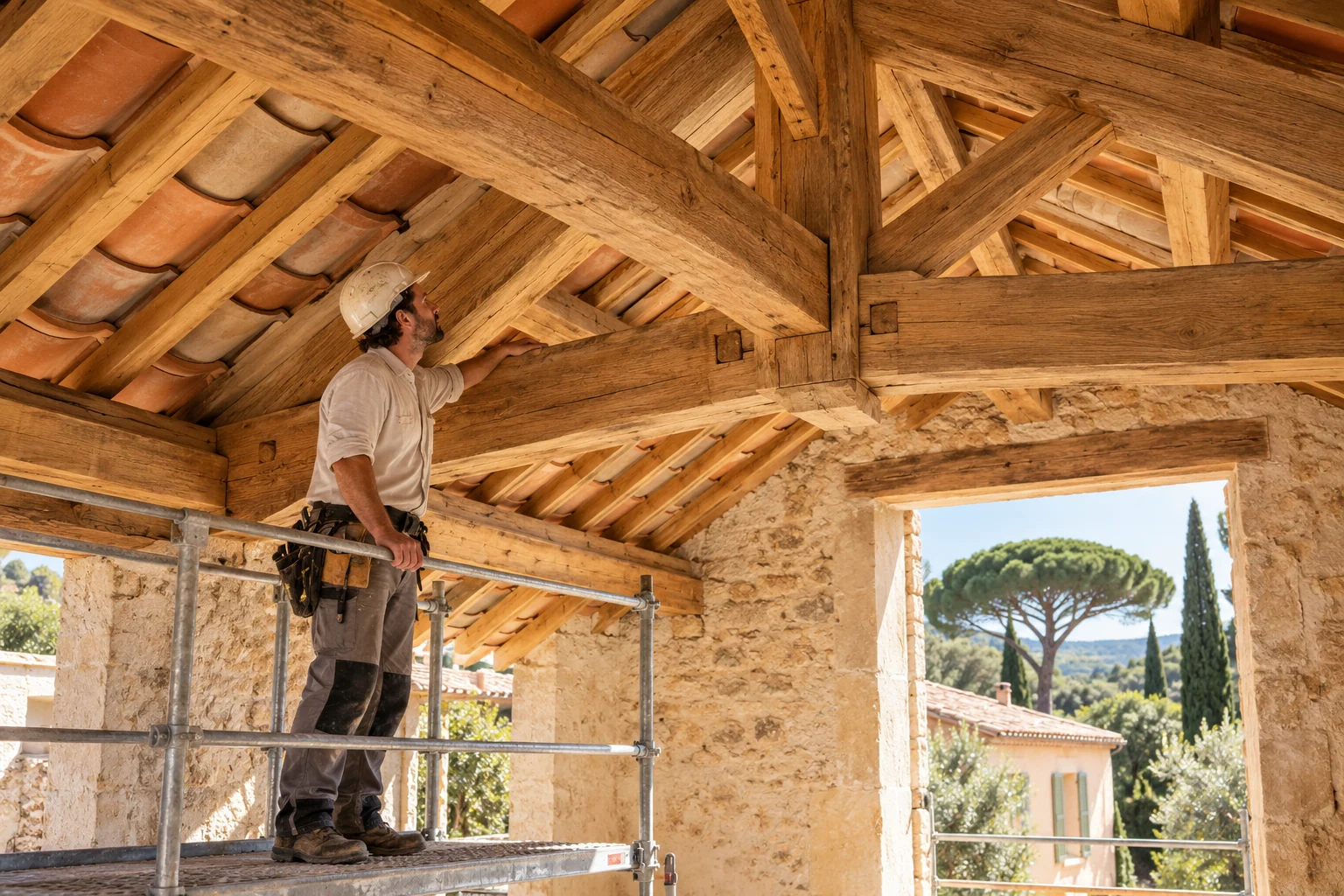 Charpente : scène de métier dans une maison provençale, illustration générée