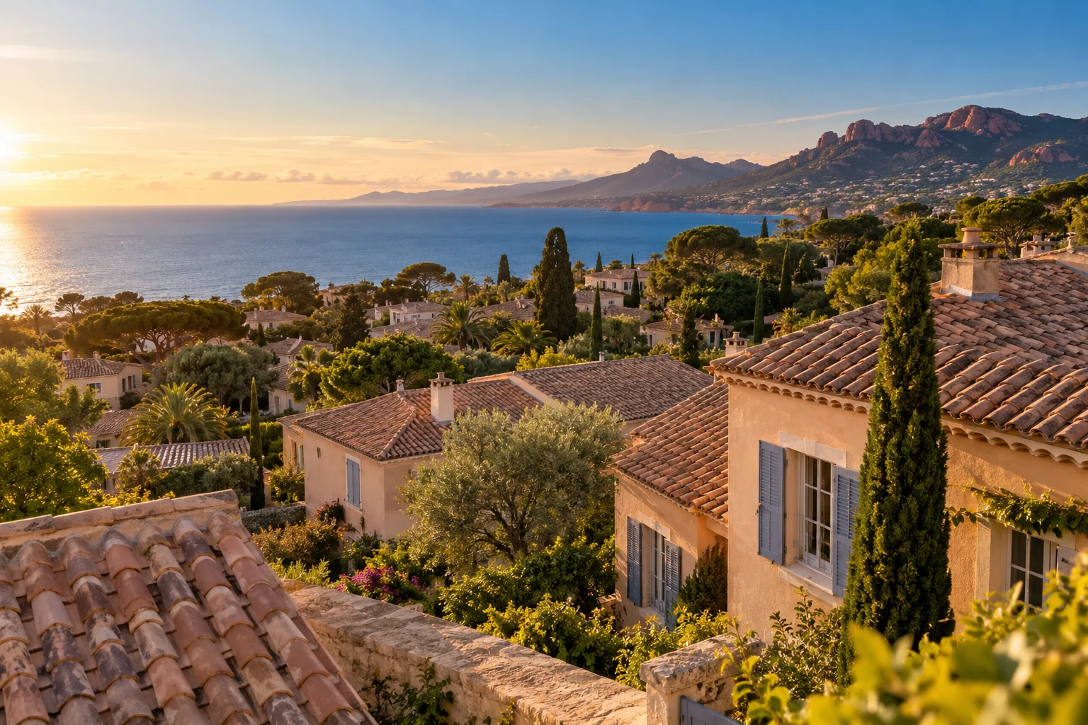 Paysage d’inspiration fréjusienne, villas aux toits de tuiles canal, pins et Méditerranée