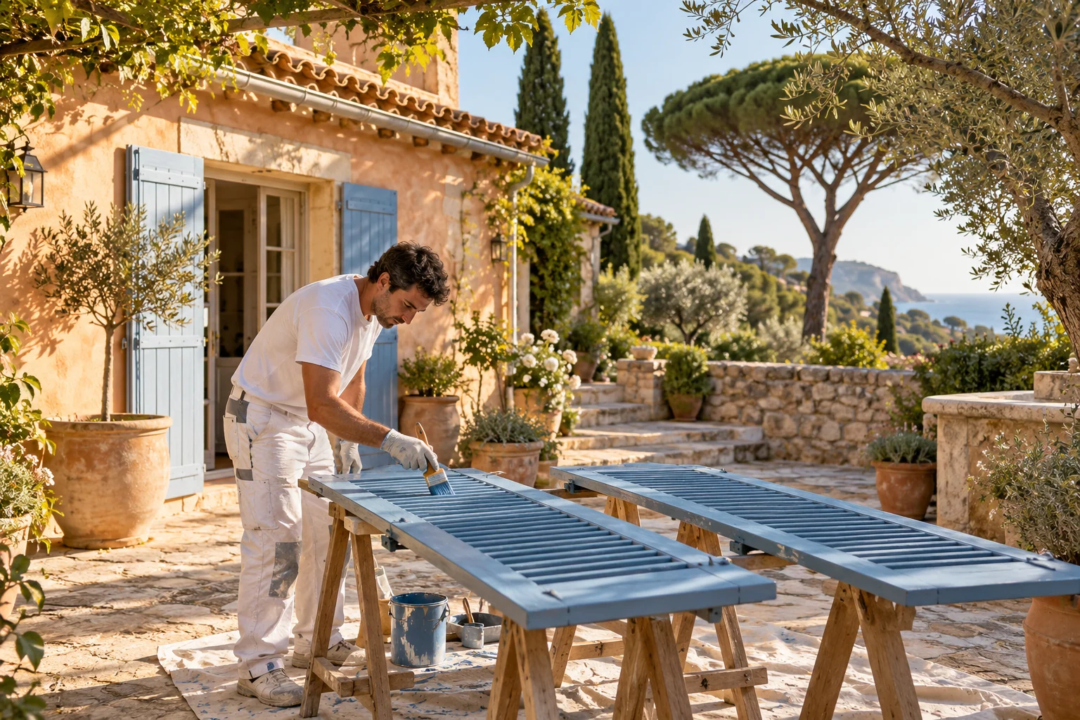 Peinture extérieure : scène de métier dans une maison provençale, illustration générée