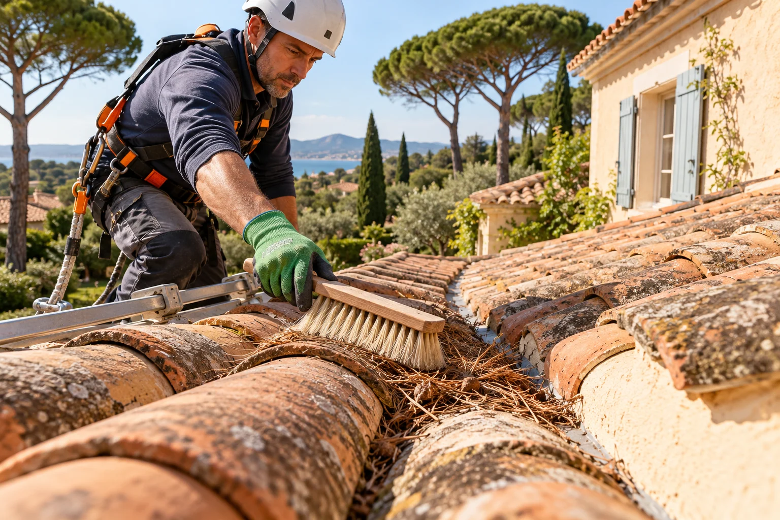 Nettoyage de toiture : scène de métier dans une maison provençale, illustration générée