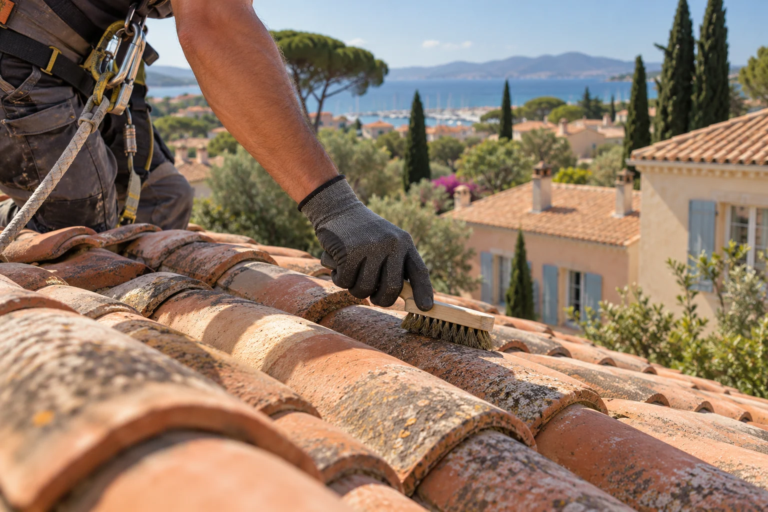 Détail illustrant la prestation hydrofuge & peinture de toiture dans une maison du Sud