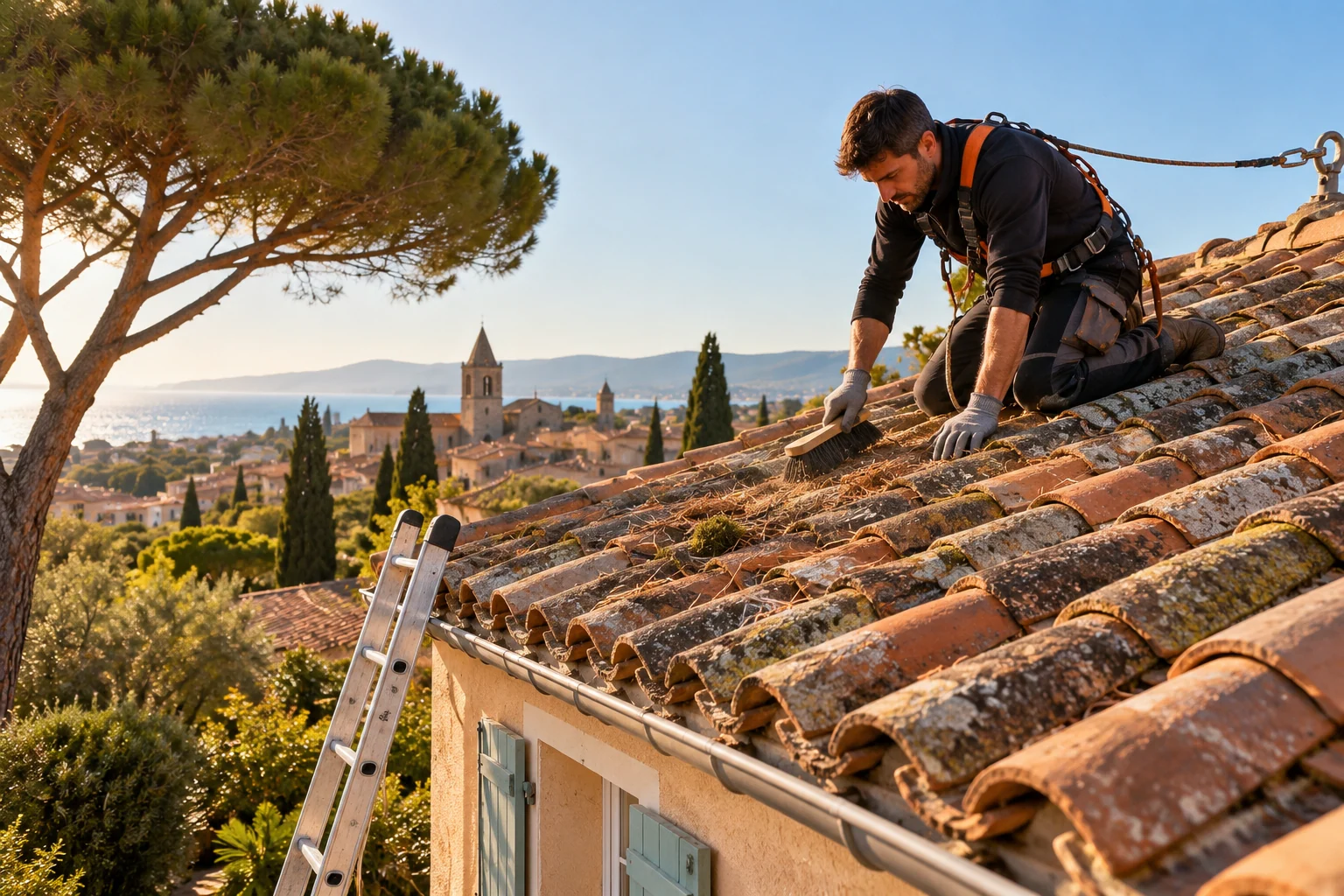 Illustration d’un artisan réalisant un entretien soigné sur une toiture en tuiles méditerranéennes