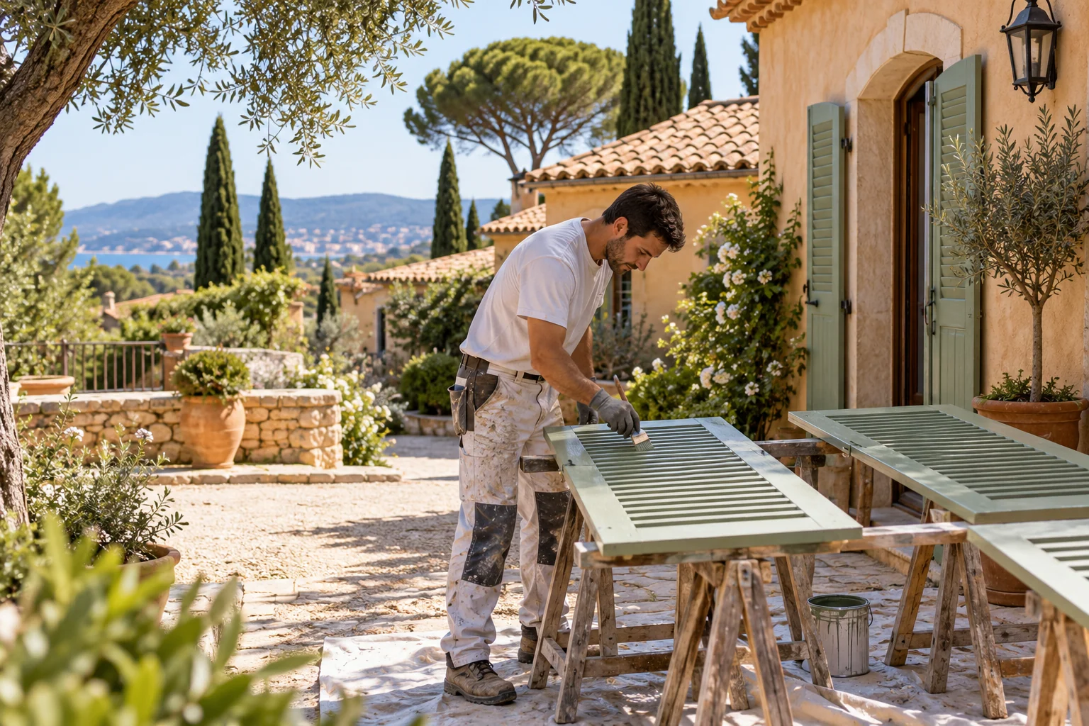 Artisan rénovant des volets en bois sur la façade d'une maison provençale