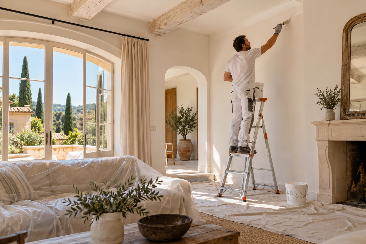 Peintre appliquant une teinte claire sur le mur d'un séjour lumineux