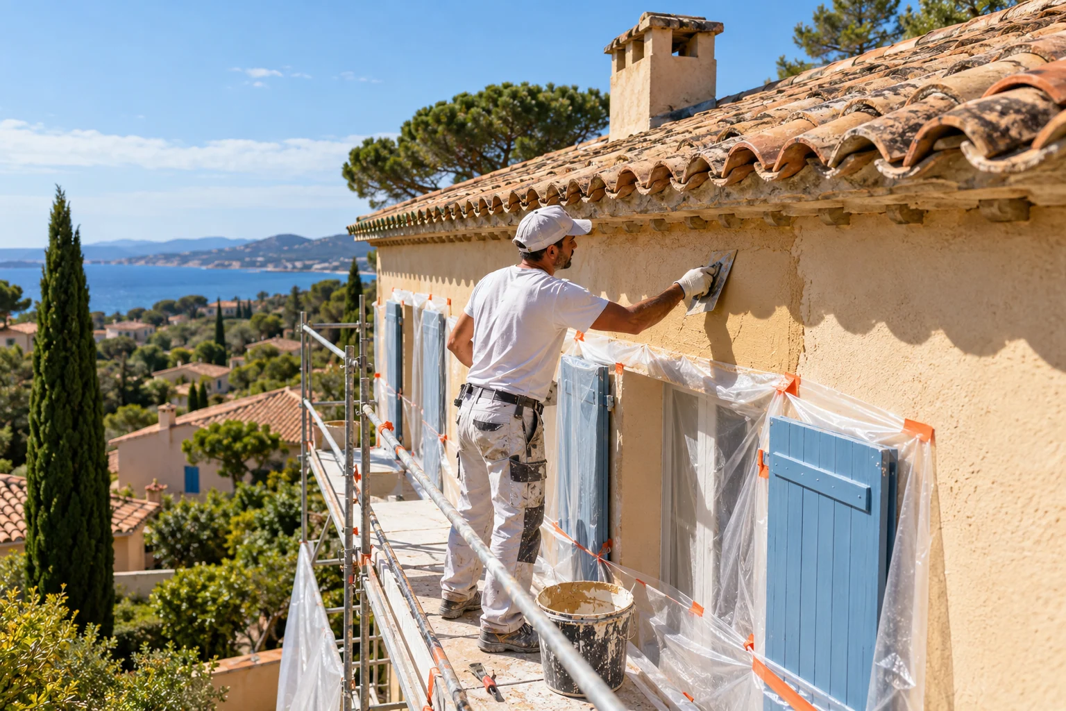 Artisan préparant la façade claire d'une maison méditerranéenne avant ravalement